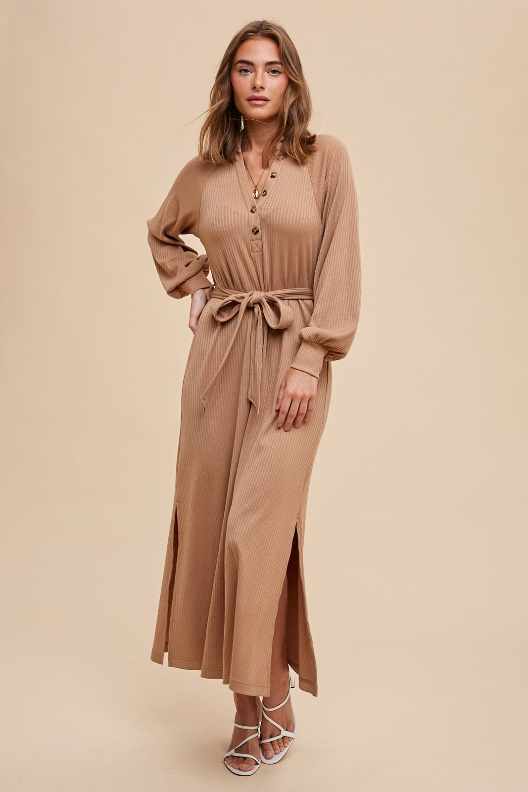 Rene Ribbed Knit Tie Dress in Taupe