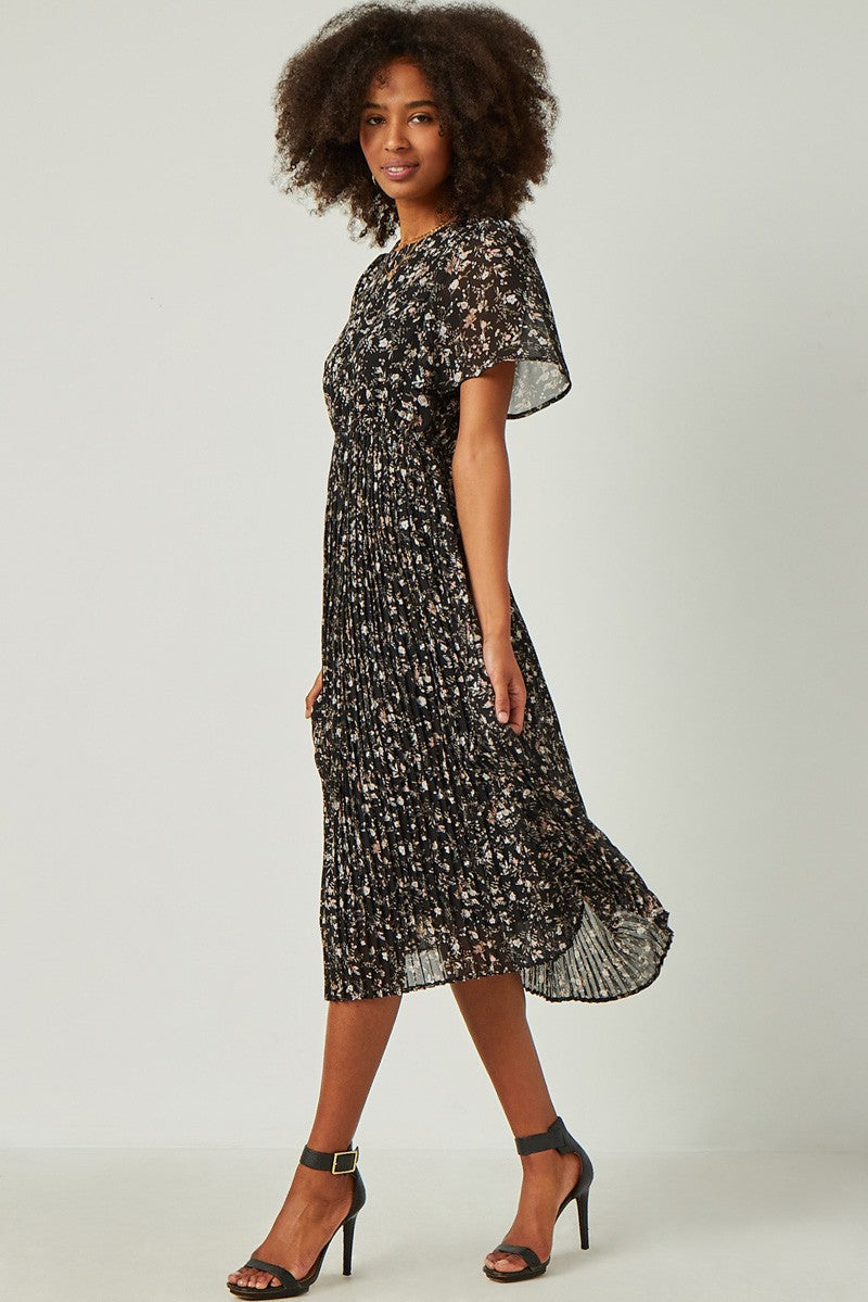 Pleated Floral Midi Dress in Black Floral