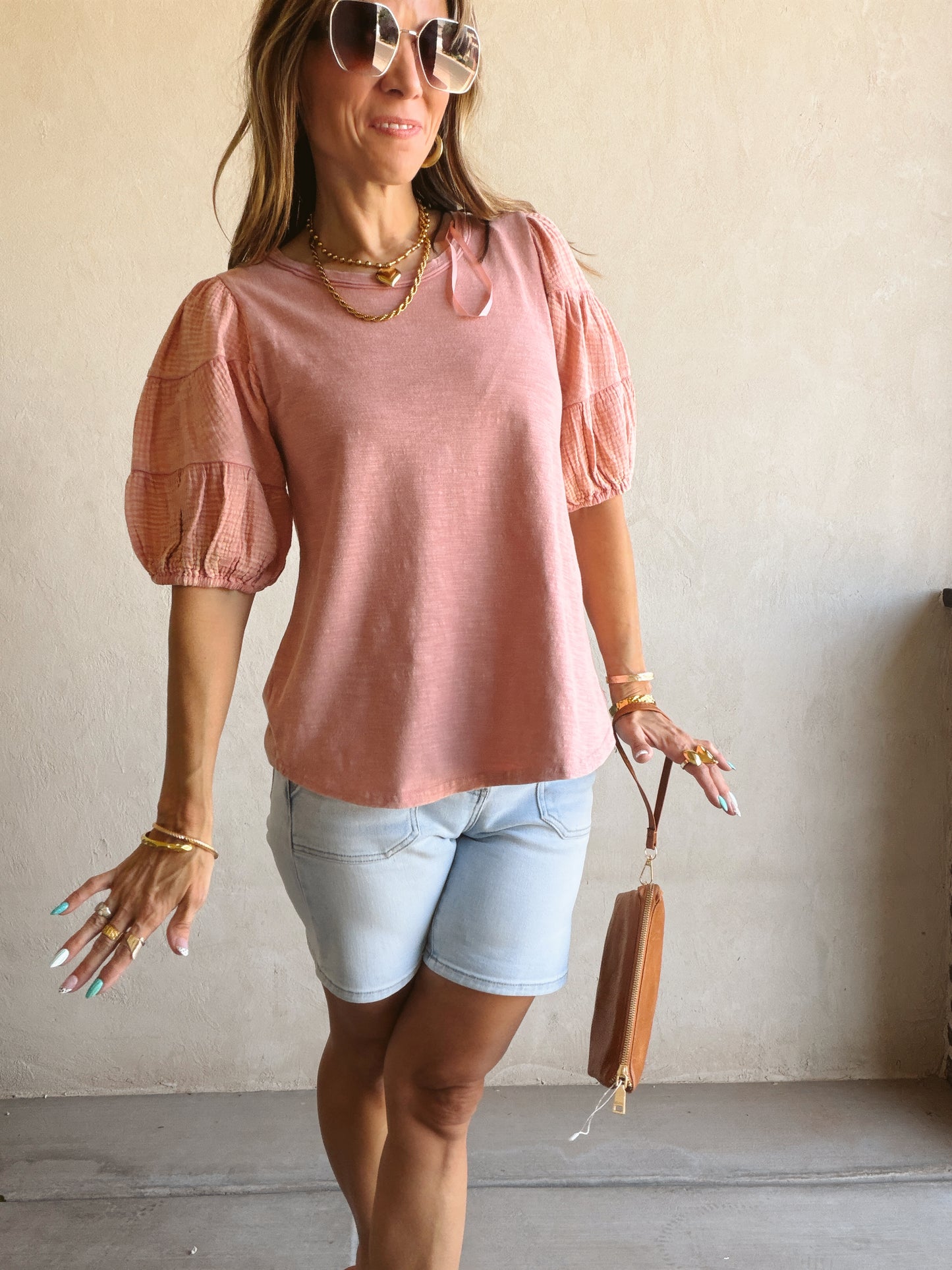 Jenny Gauze Sleeve Top in Dusty Rose