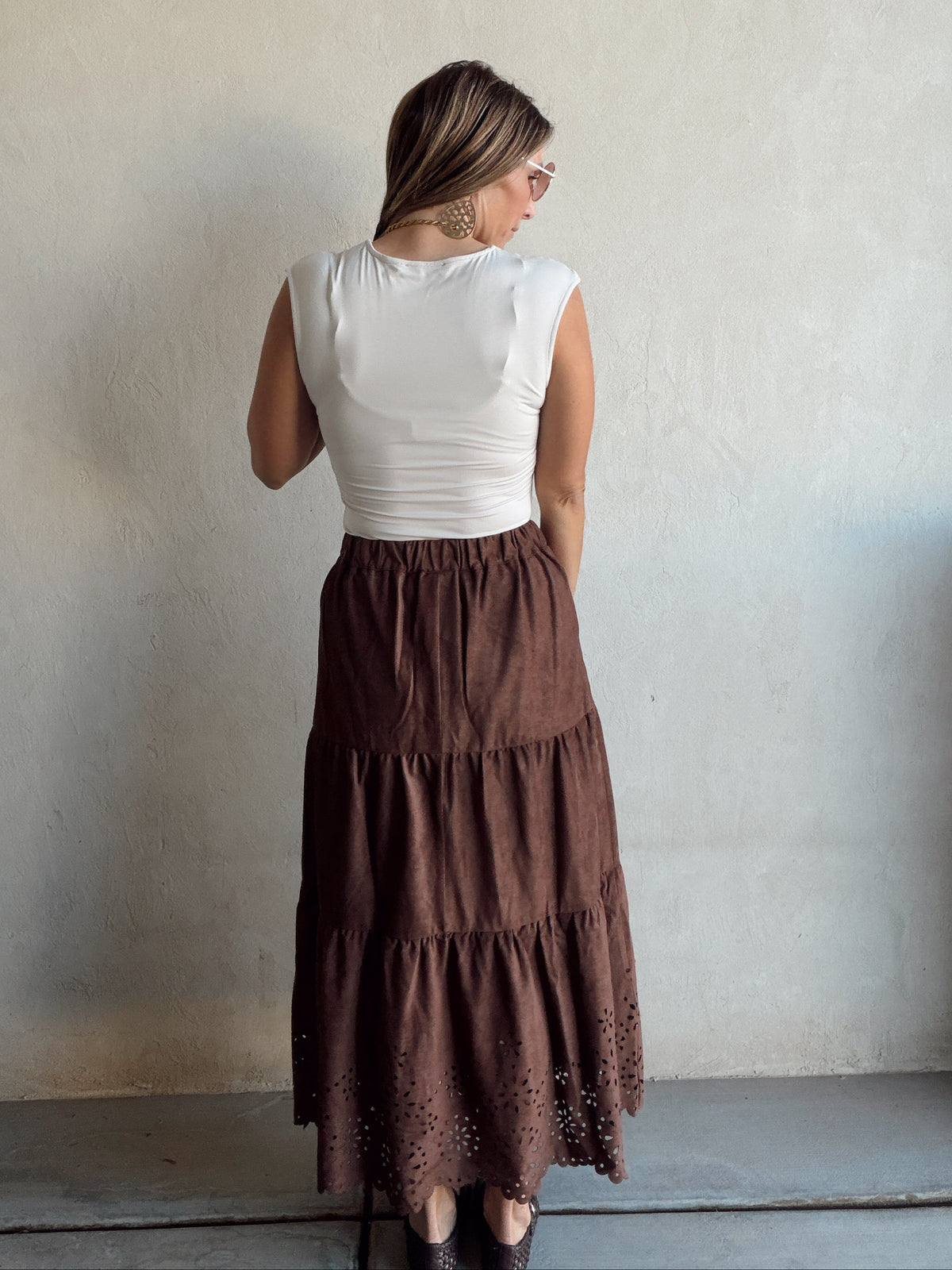 Sophie Suede Eyelet Skirt in Chocolate
