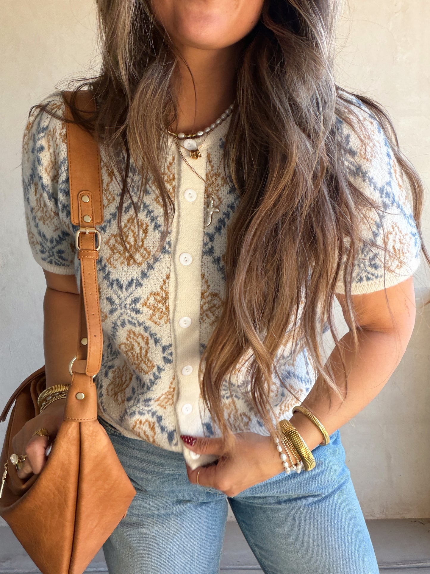 Maddy Button Down Cardigan in Blue & Camel
