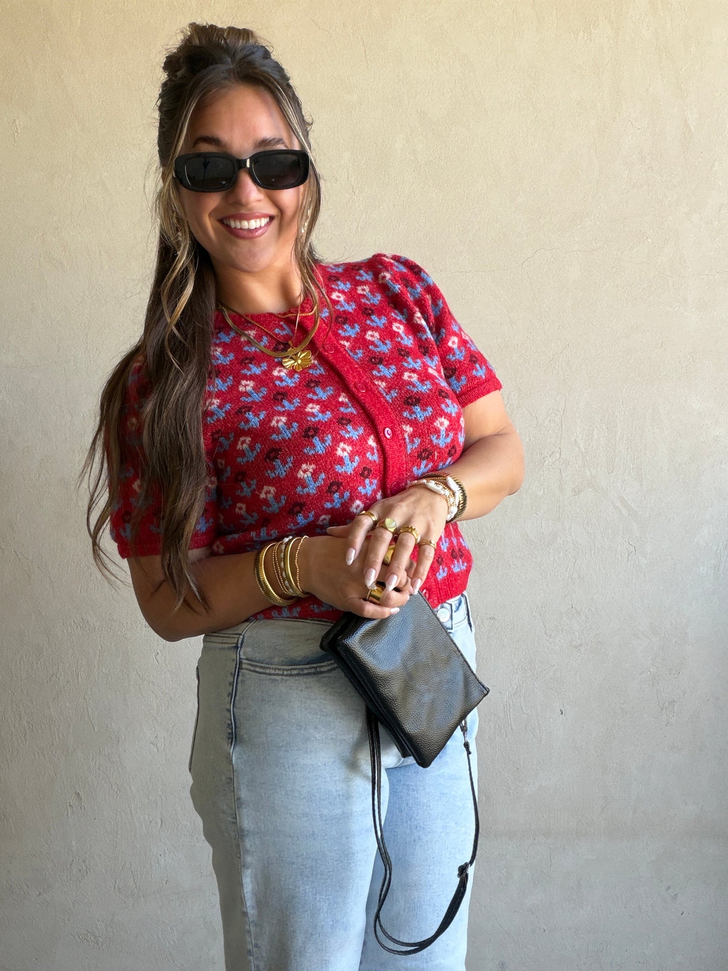Maddy Button Down Cardigan in Red & Blue