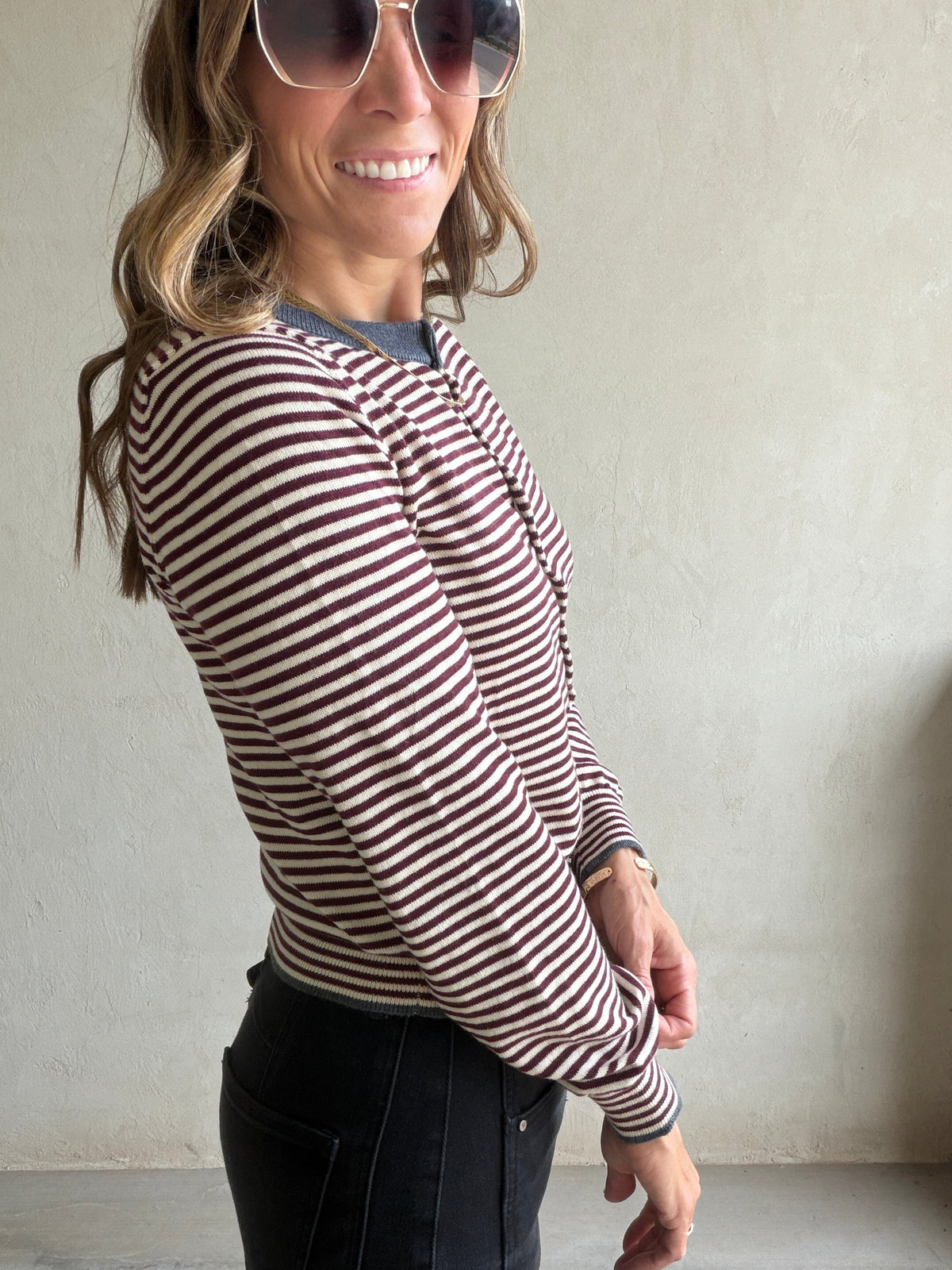 Adrianne Cardigan in Burgundy Stripe
