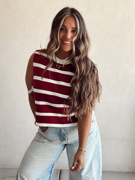 McKenna Striped Vest in Burgundy & Ivory
