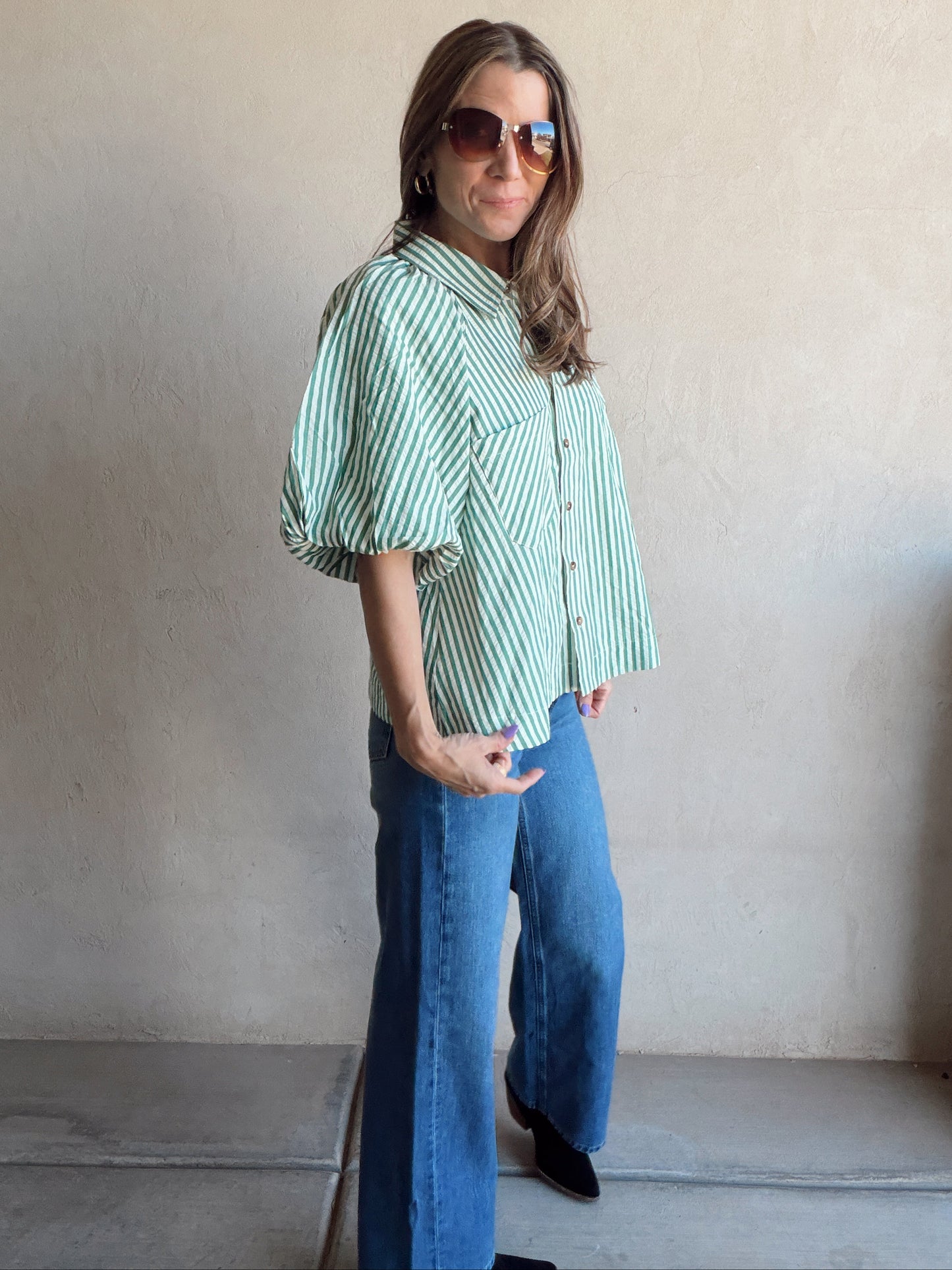 Jess Button Up Top in Green Stripe