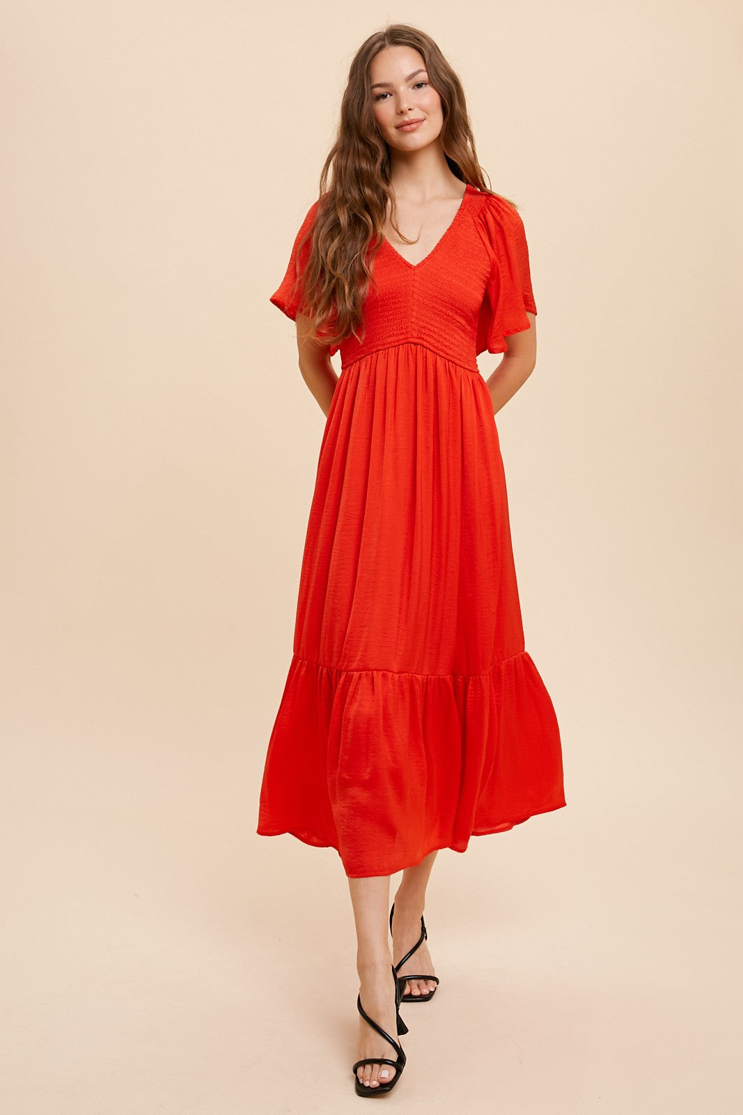 Sara Satin Midi Dress in Red