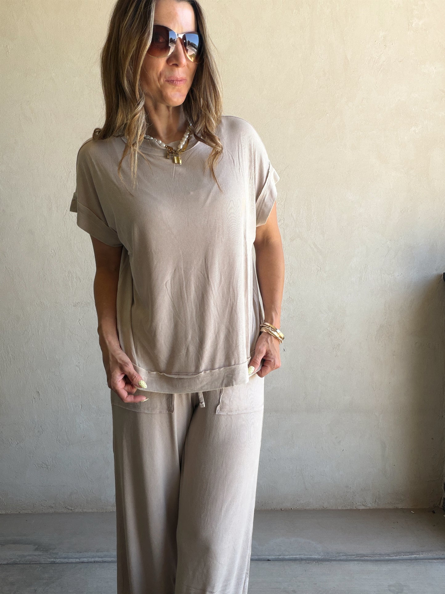 Raelyn Ribbed Mineral Washed Set in Taupe