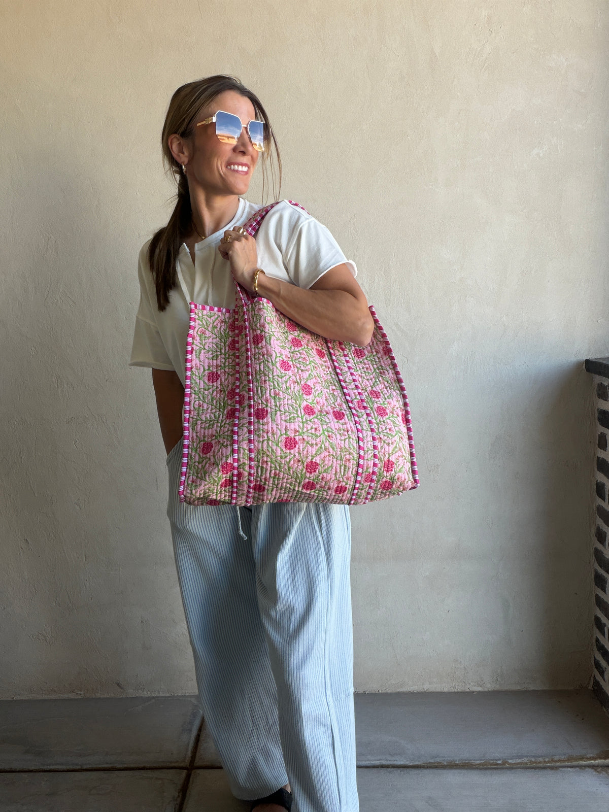Mindee Quilted Bag – Pink, Light Pink & Green