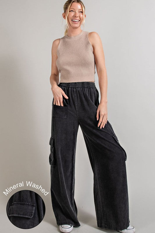 Mindy Mineral Washed Cargo Pants in Clay or Black