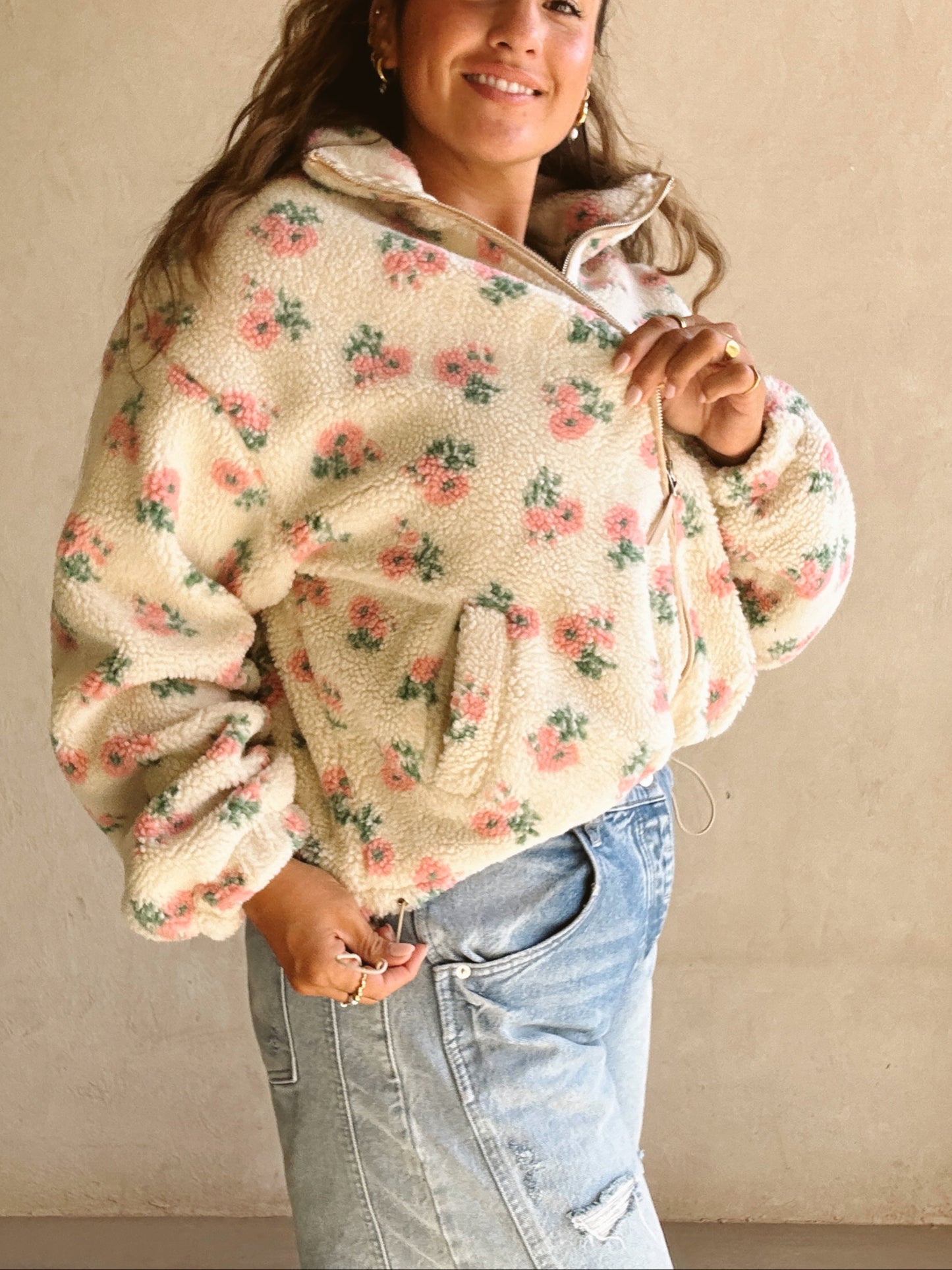 Quinn Sherpa Floral Jacket in Cream