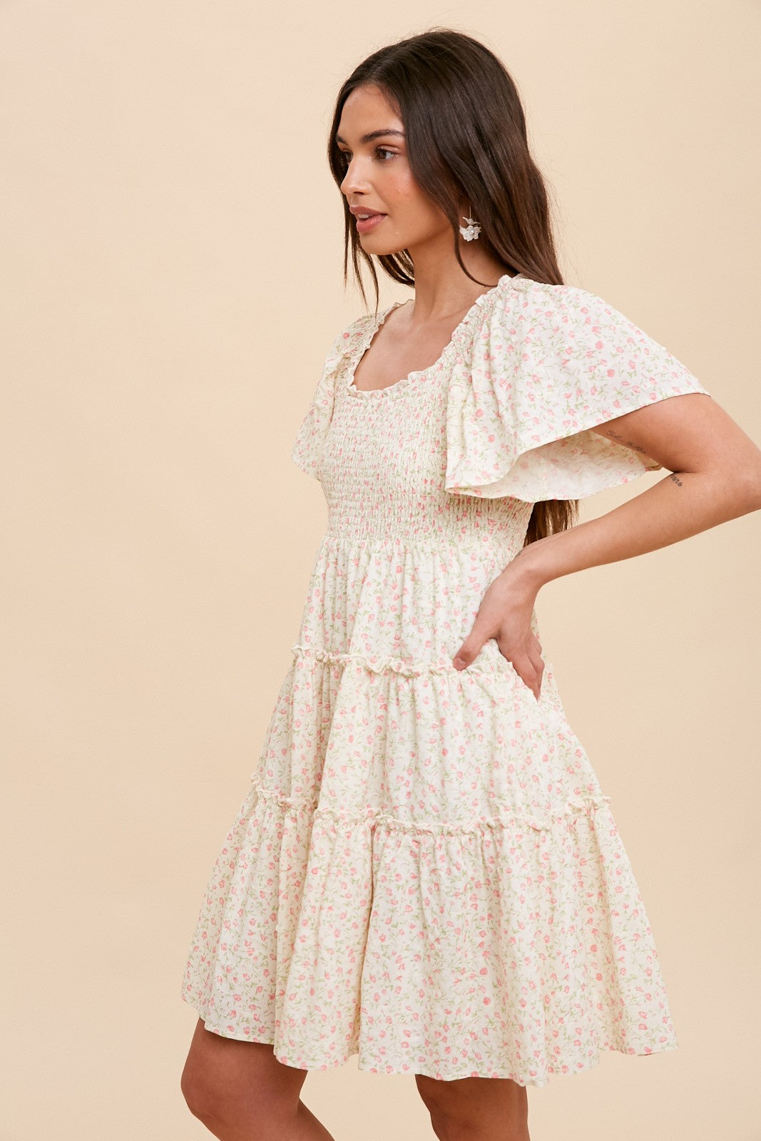Sophie Cream Dress in Pink and Green Floral