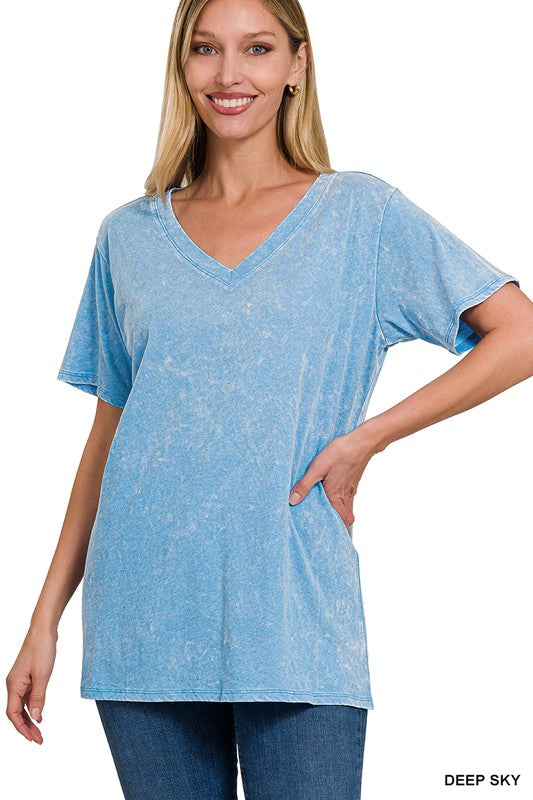 WASHED SHORT SLEEVE V-NECK TOP