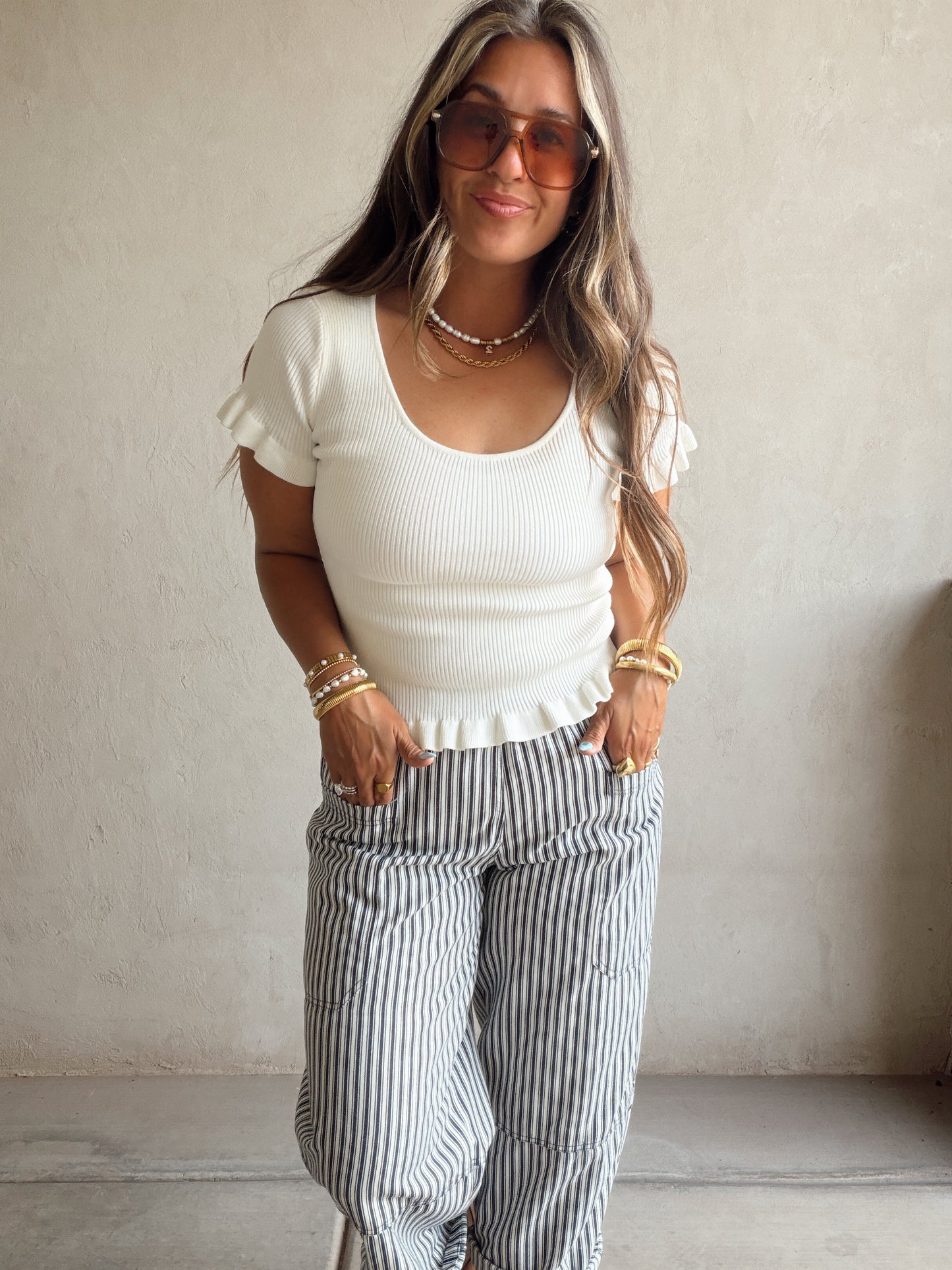 Rilee Ribbed White Scoop Neck Top in Ivory