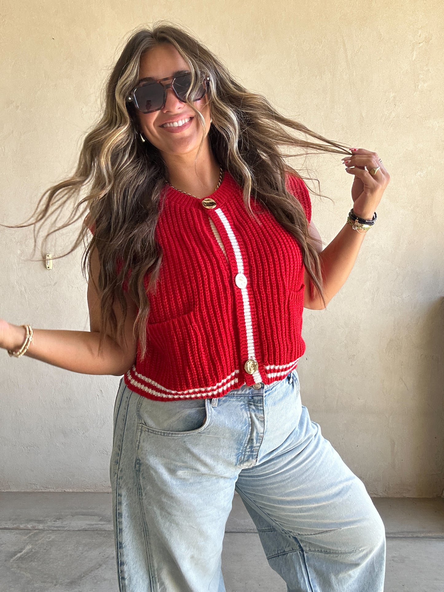 Rosy Sweater Vest in Red & Ivory