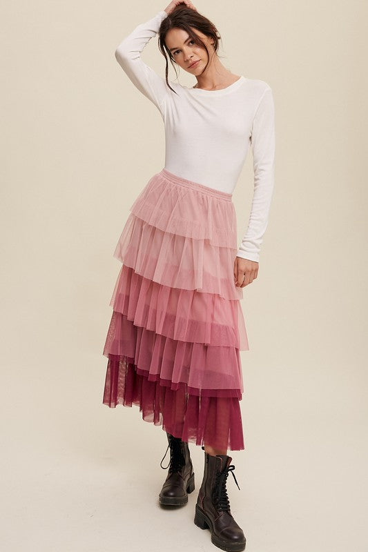 Tiered Mesh Maxi Skirt in Pink
