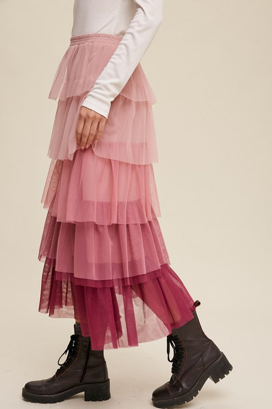 Tiered Mesh Maxi Skirt in Pink