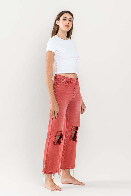 90s Vintage Crop Flare Jeans in Red