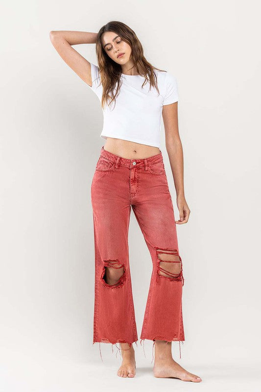 90s Vintage Crop Flare Jeans in Red