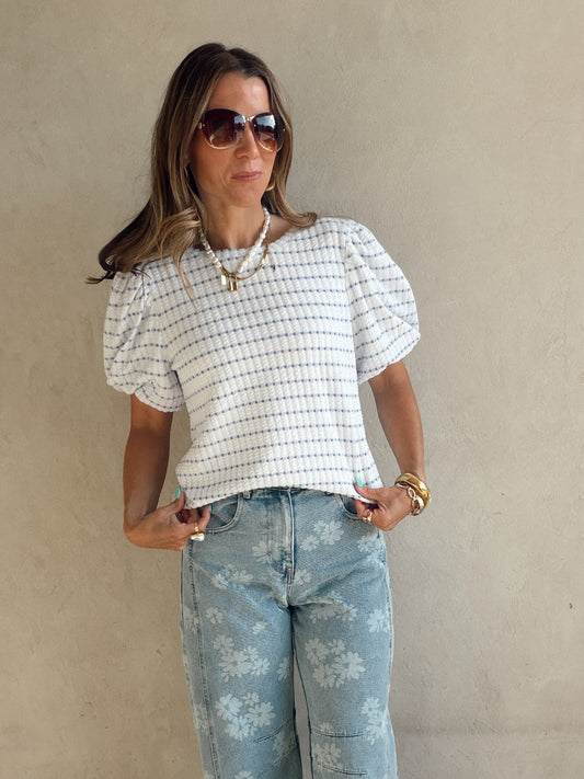 Annie Textured Puff Sleeve Top in Blue & White
