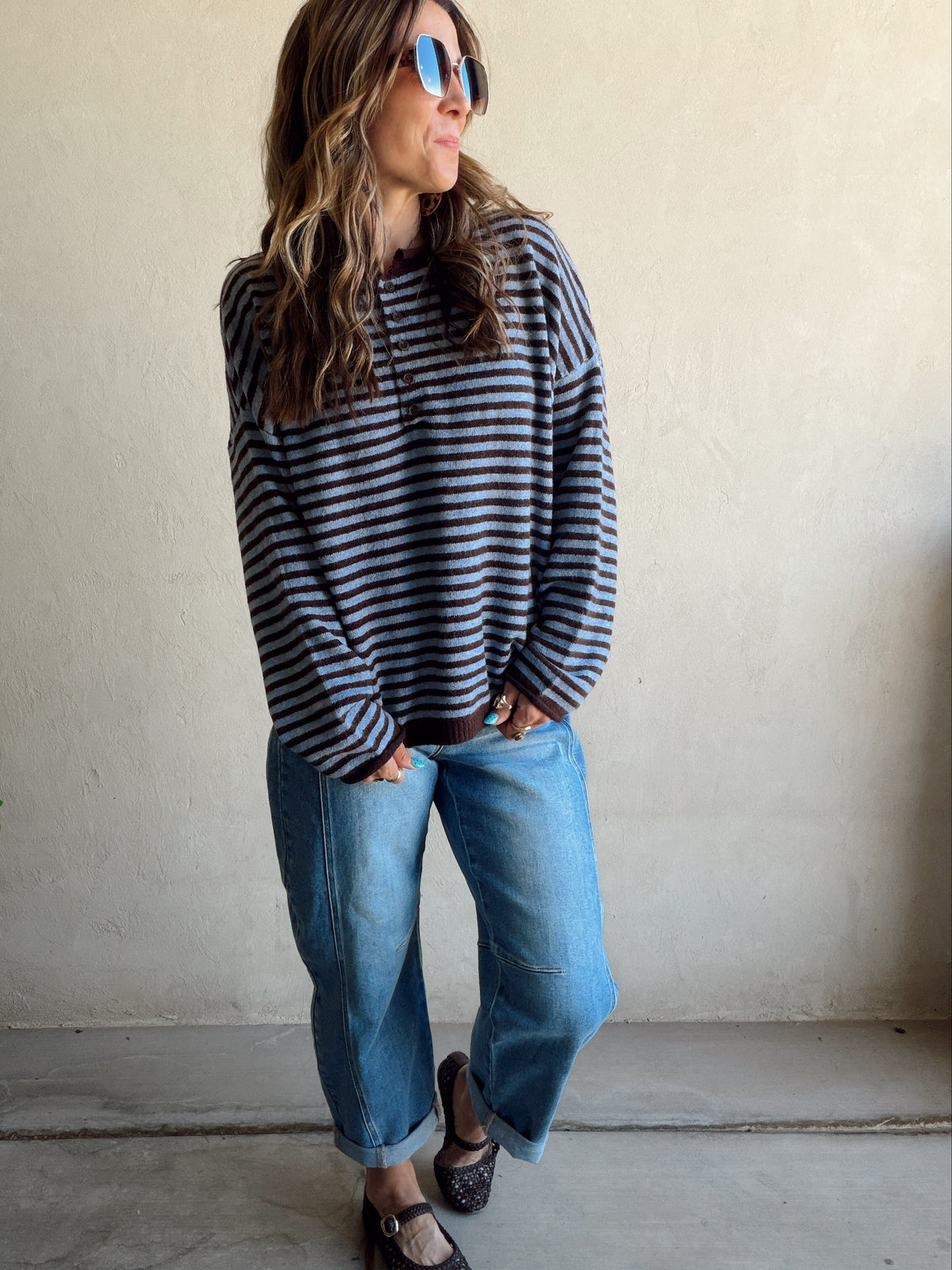 Hanna Henley Sweater in Blue & Chocolate