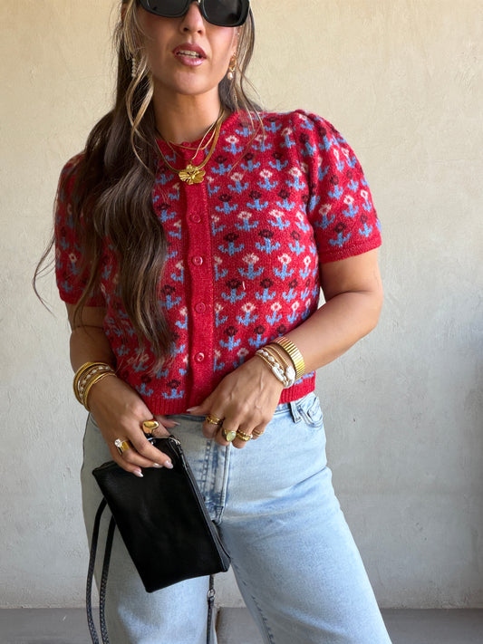 Maddy Button Down Cardigan in Red & Blue
