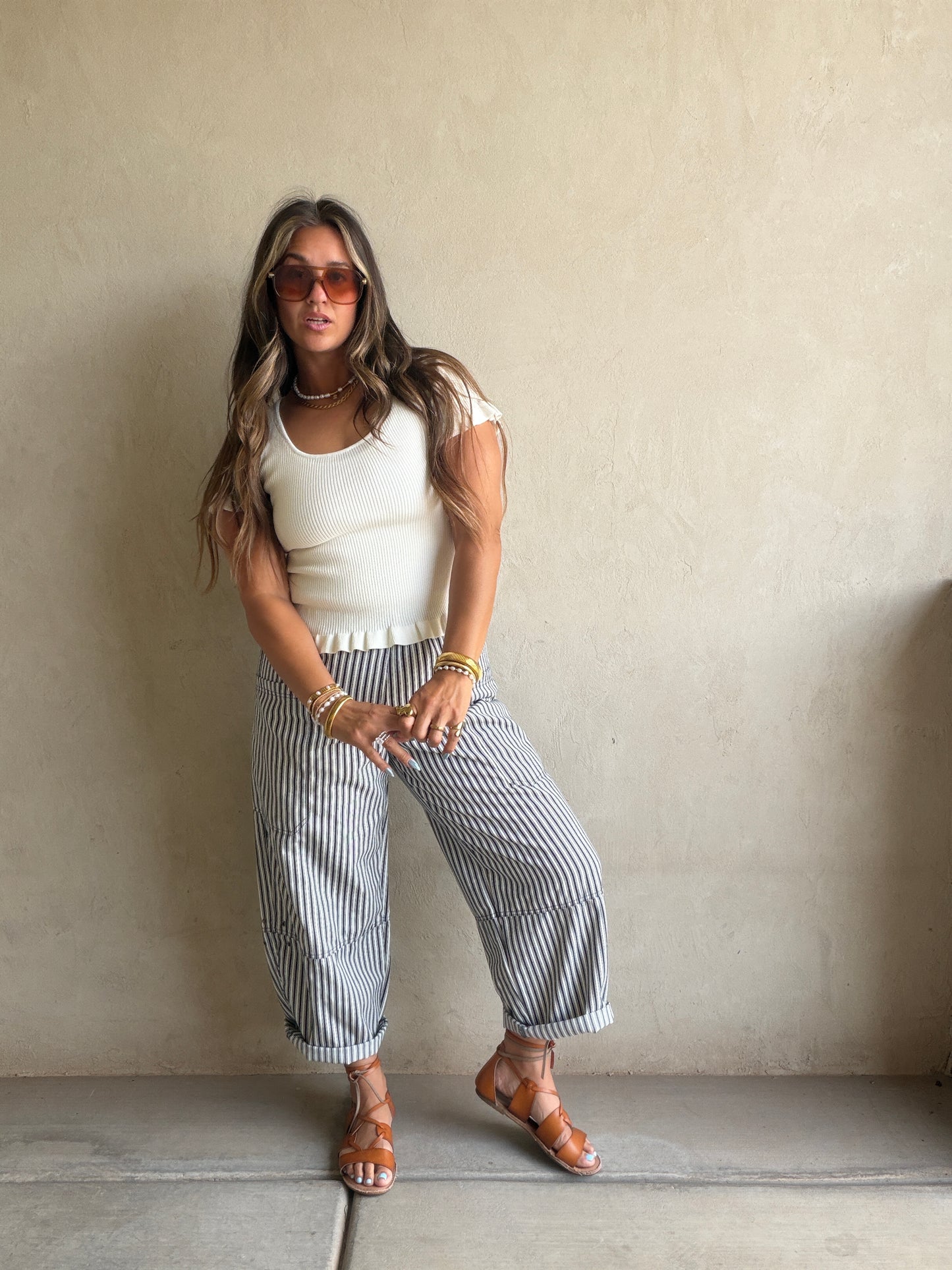 Striped Barrel Pant in Navy