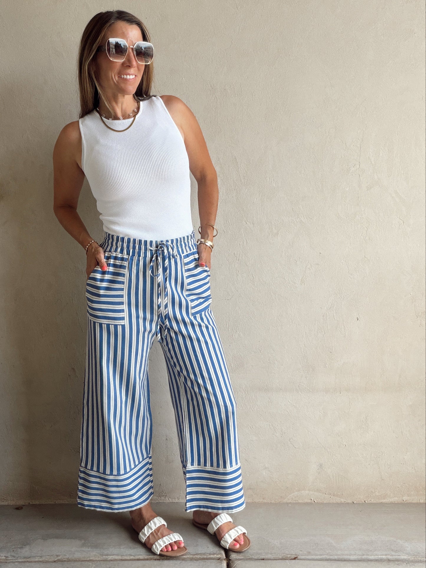 Kyla Drawstring Stripe Linen Pants in Blue & White