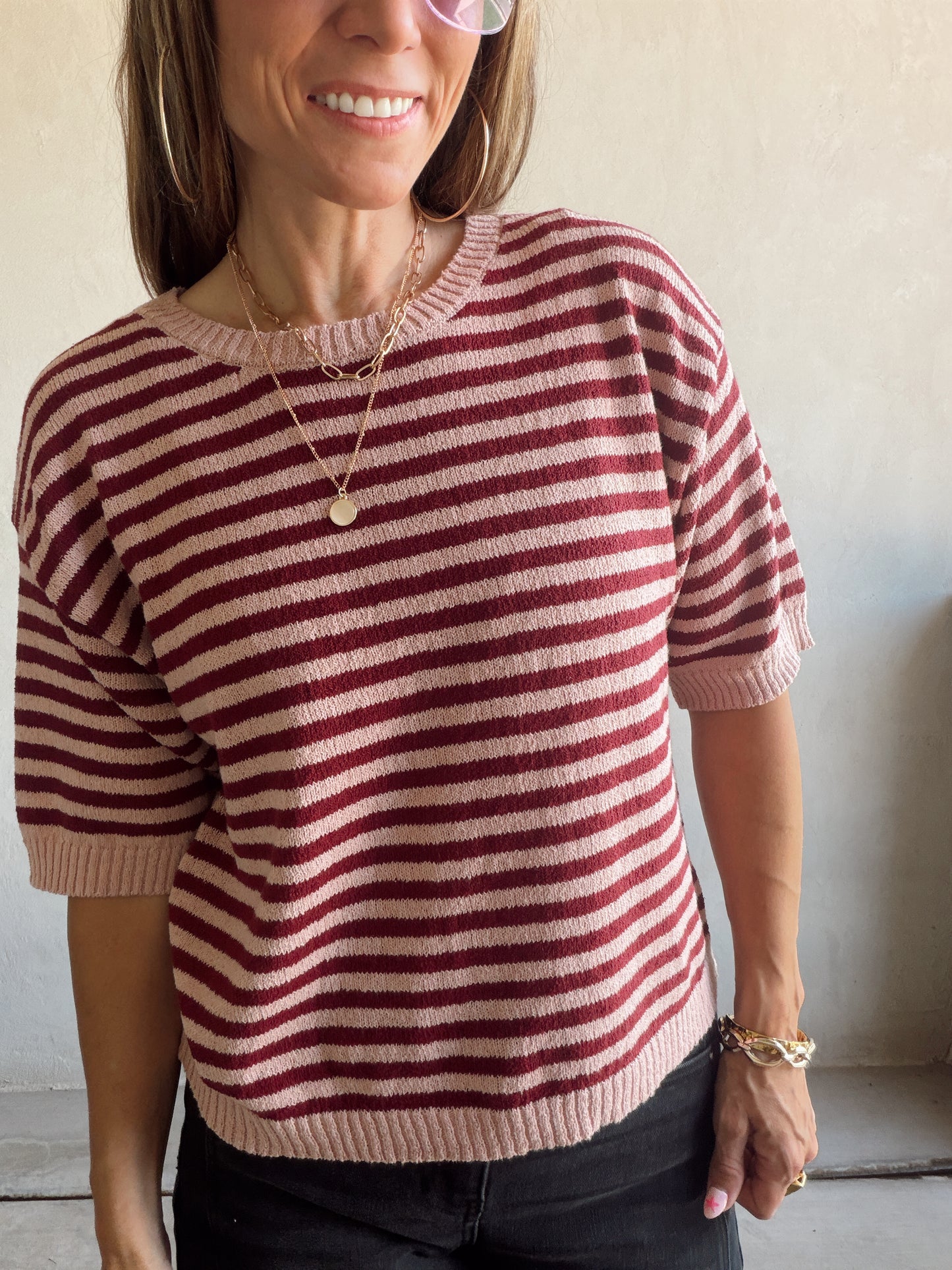 Emerald Striped Top in Mauve & Burgundy