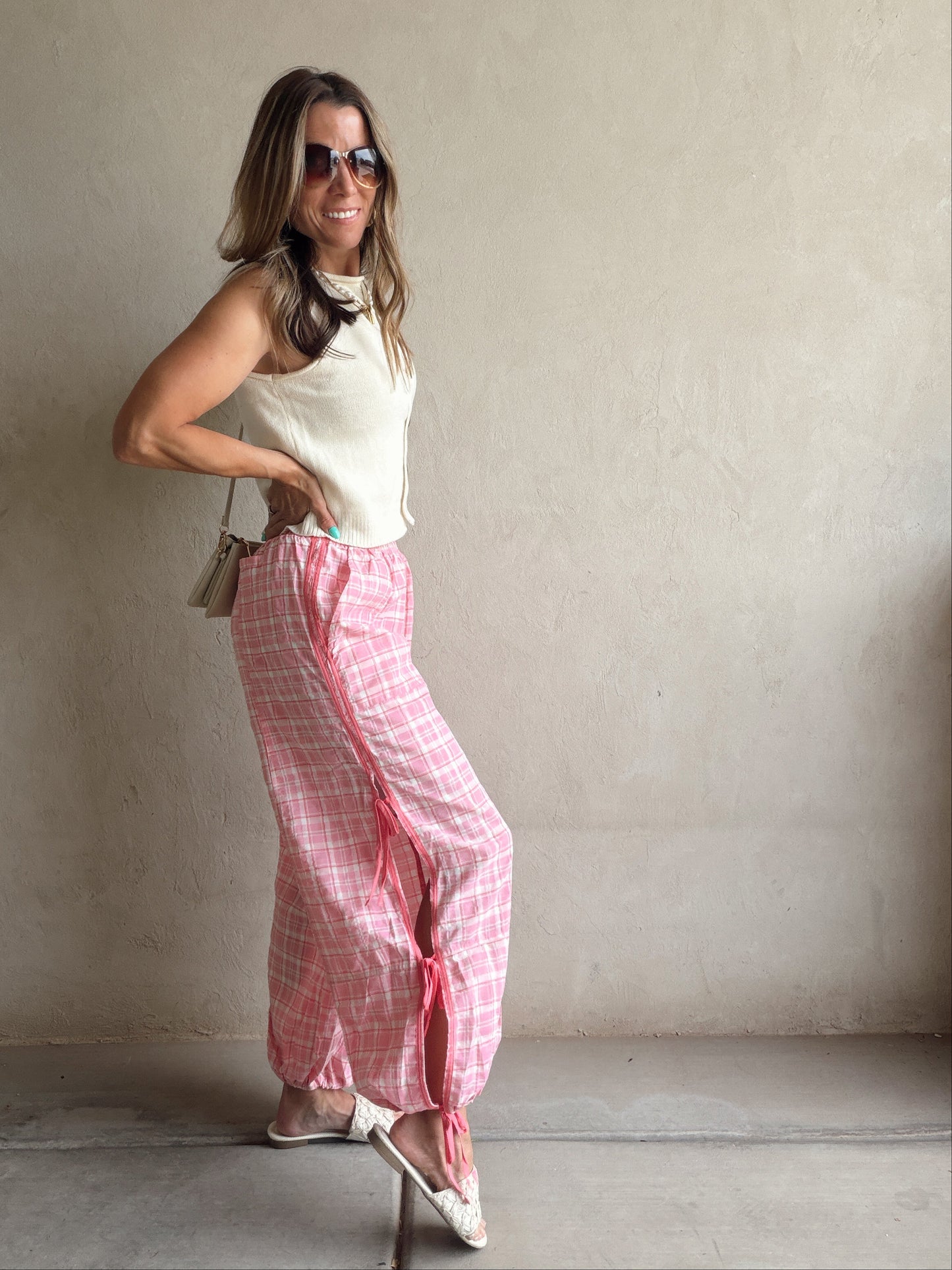 Christine Parachute Pants in Pink Plaid