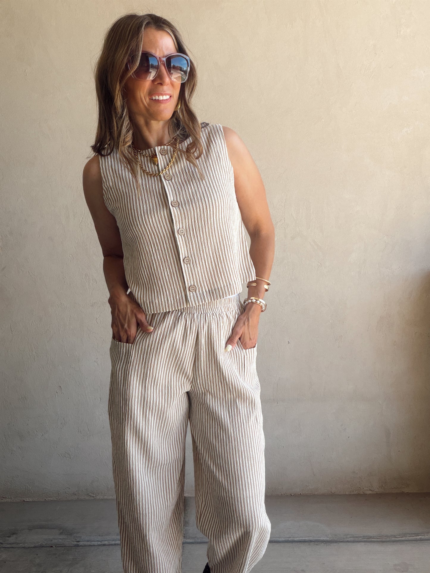 Melinda Tank in Taupe & White