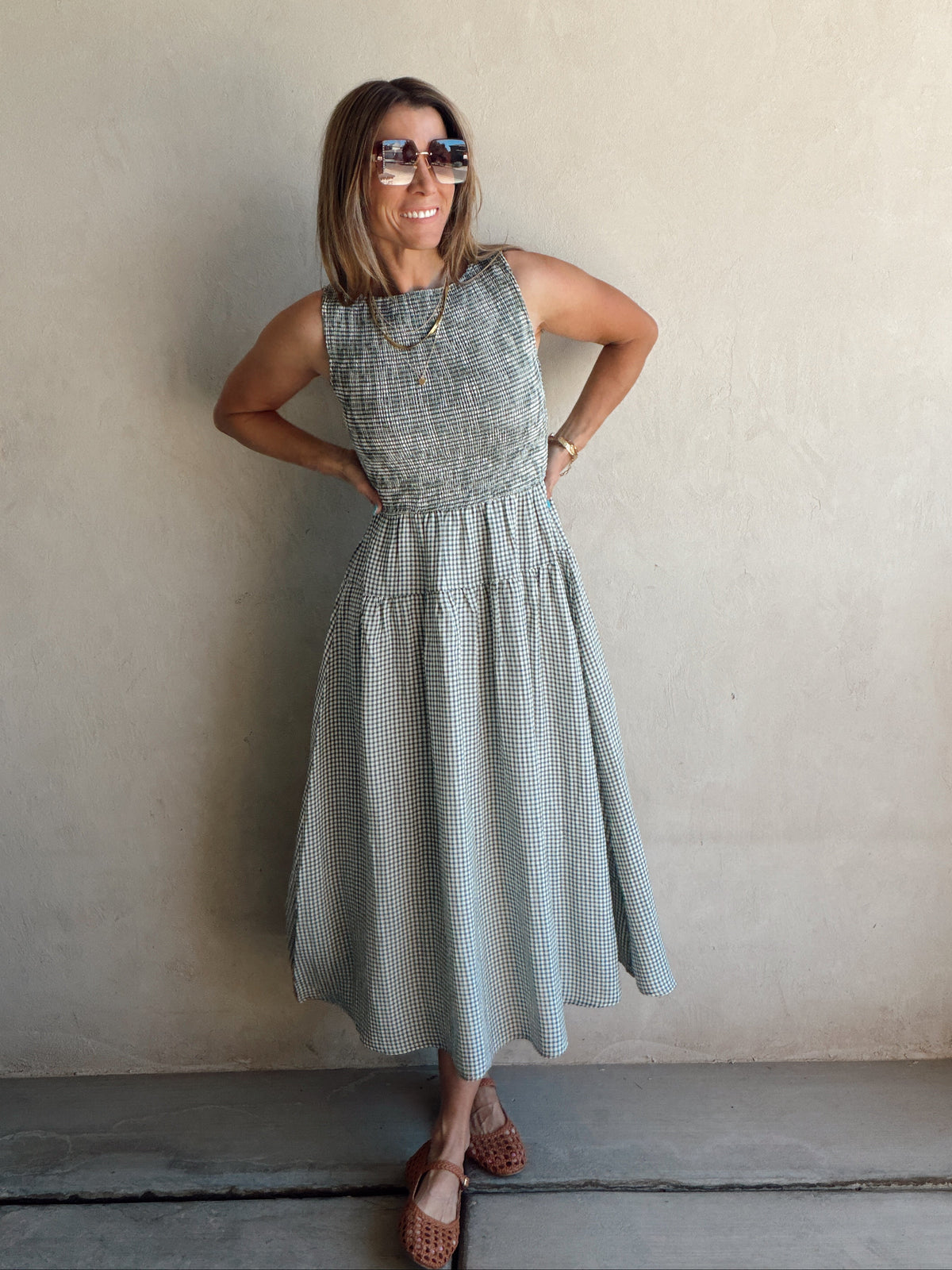 Denise Dress in Gingham Dress in Evergreen & Cream