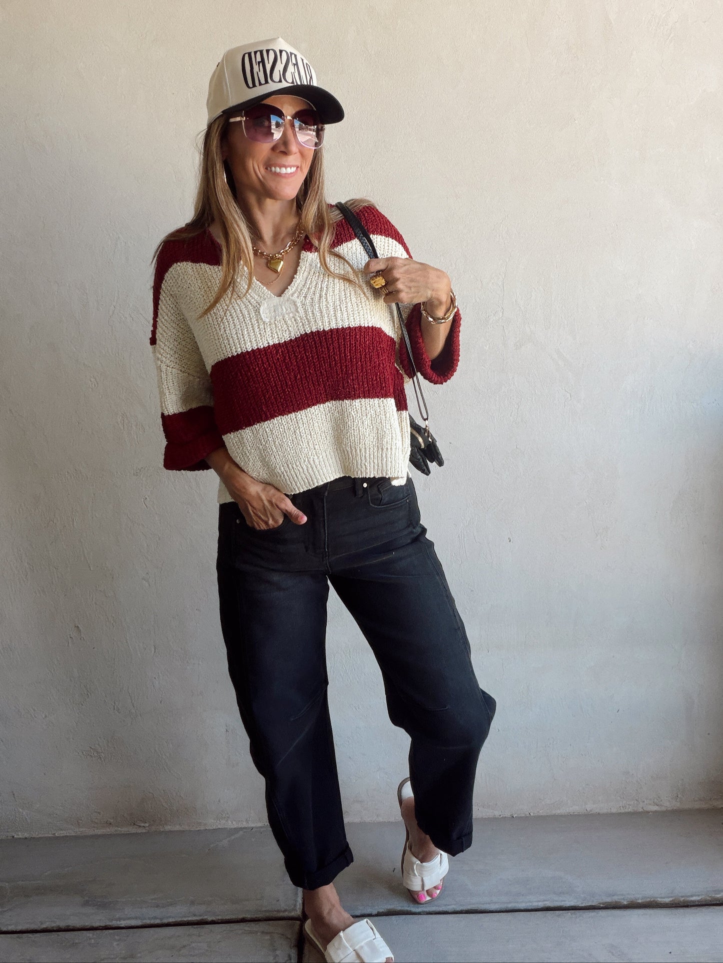 Christy V-Neck Top in Cabernet & Cream