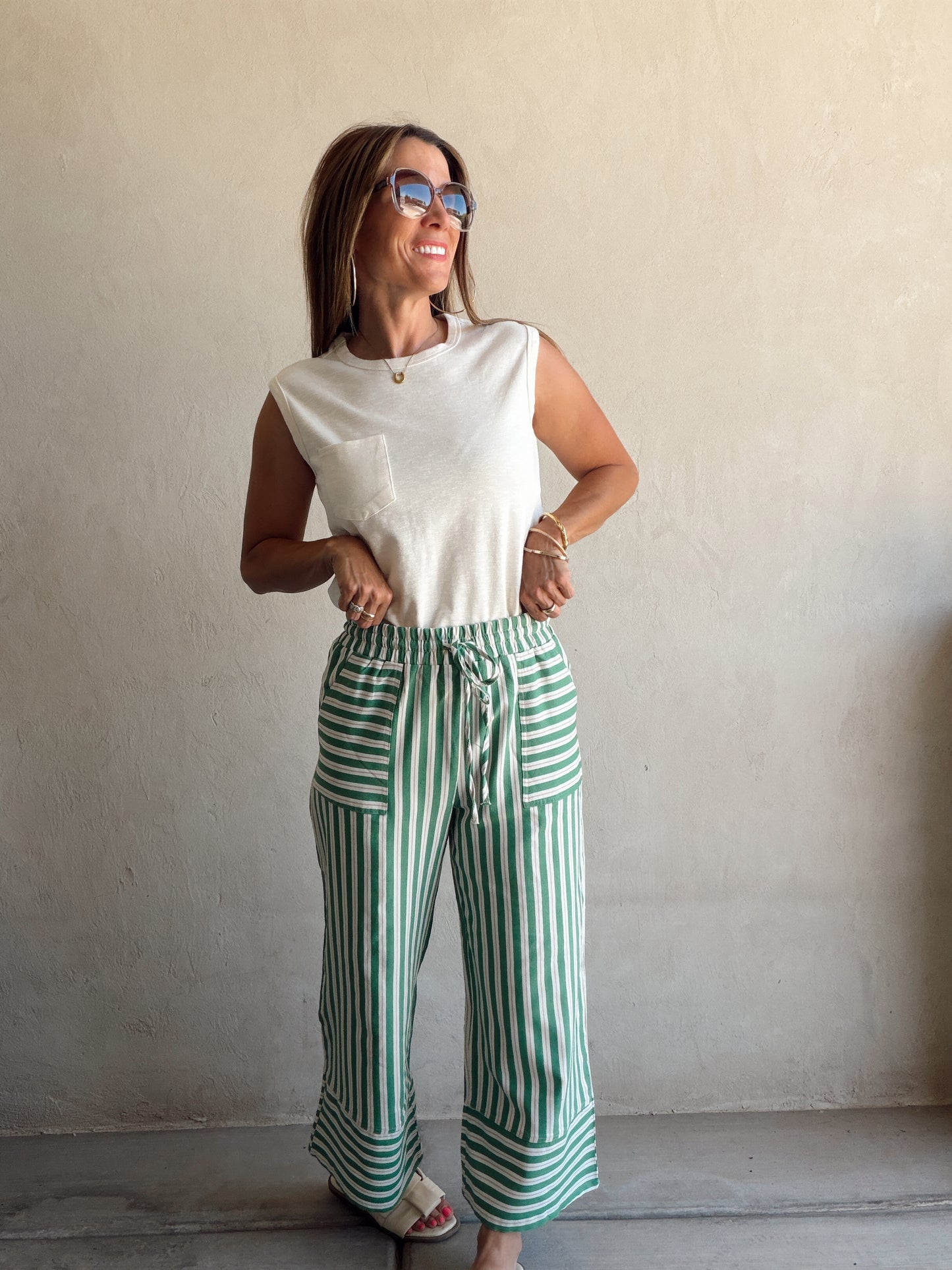Kyla Drawstring Stripe Linen Pants in Green & Sand