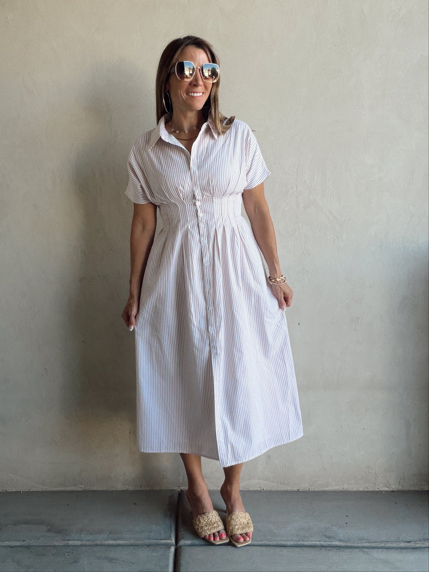 Sherri Striped Dress in Taupe & White