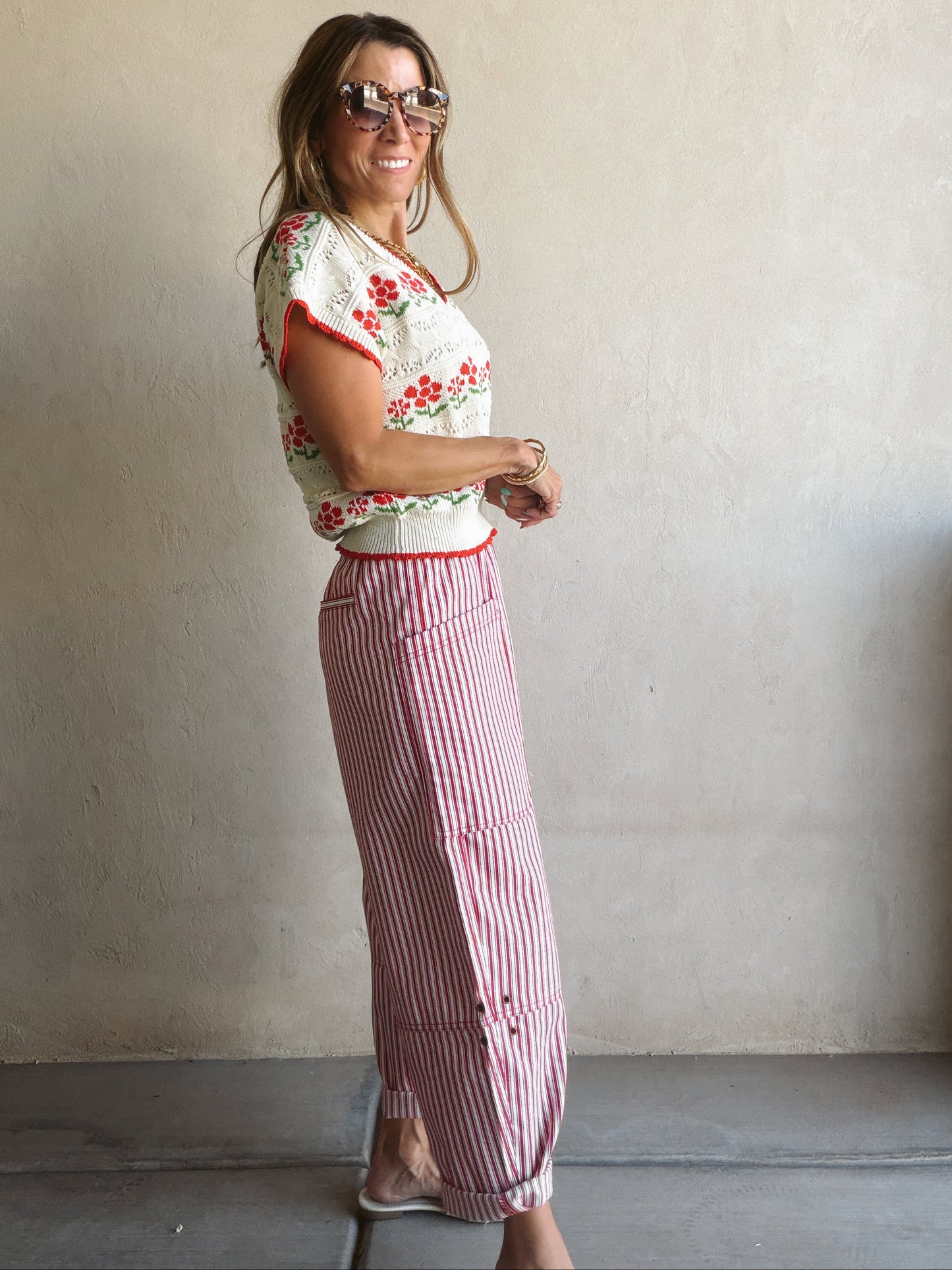Striped Barrel Pant in Red