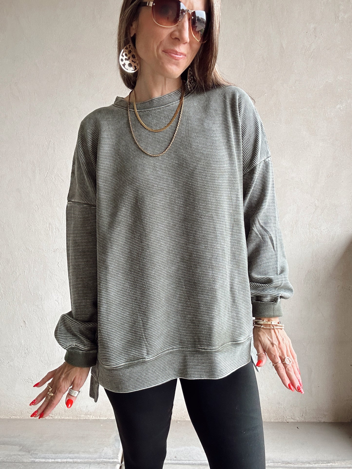 Dallas Double Ribbed Pullover in Army Green