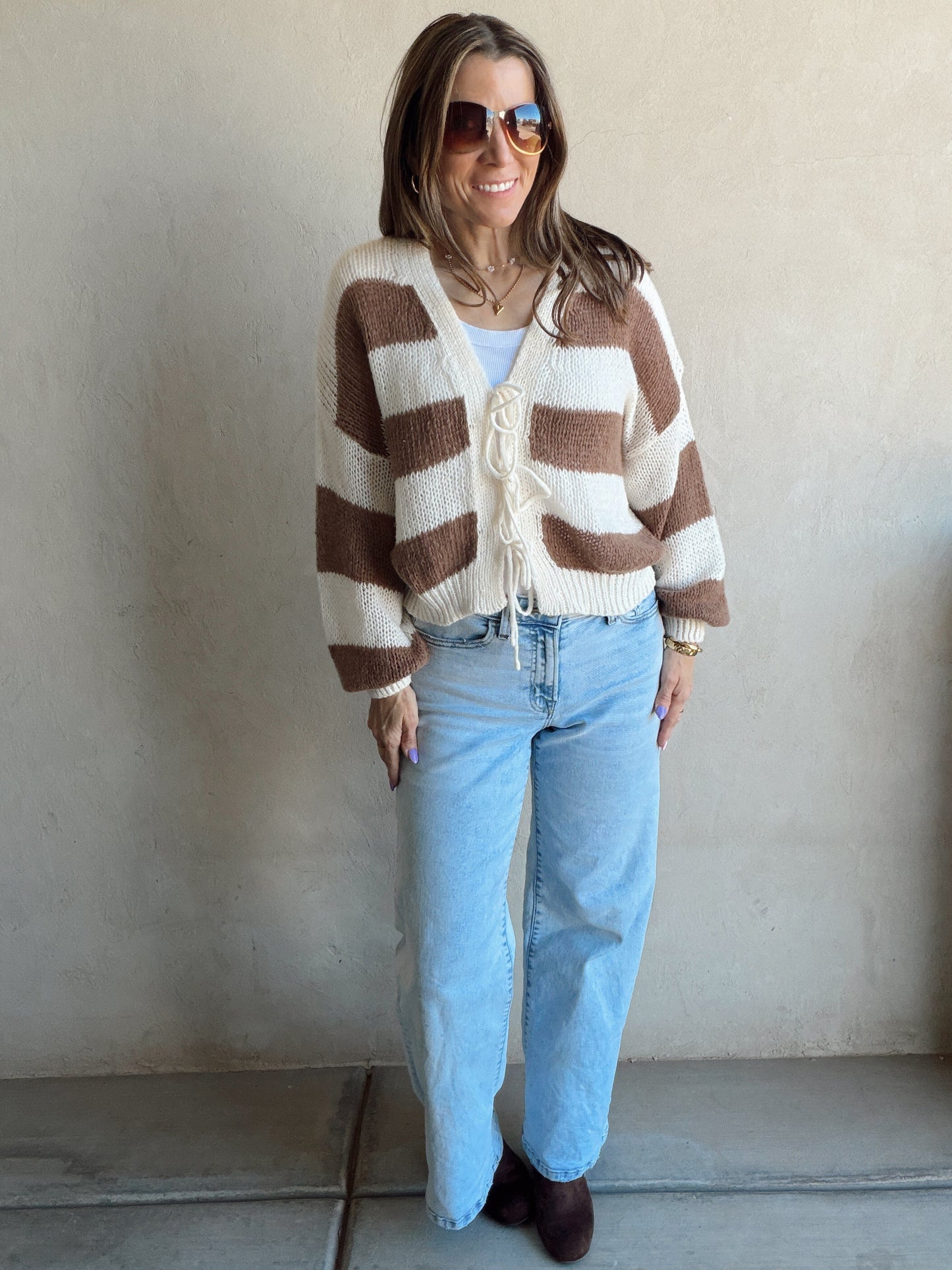 Brendee Striped Cardigan in Mocha & Cream