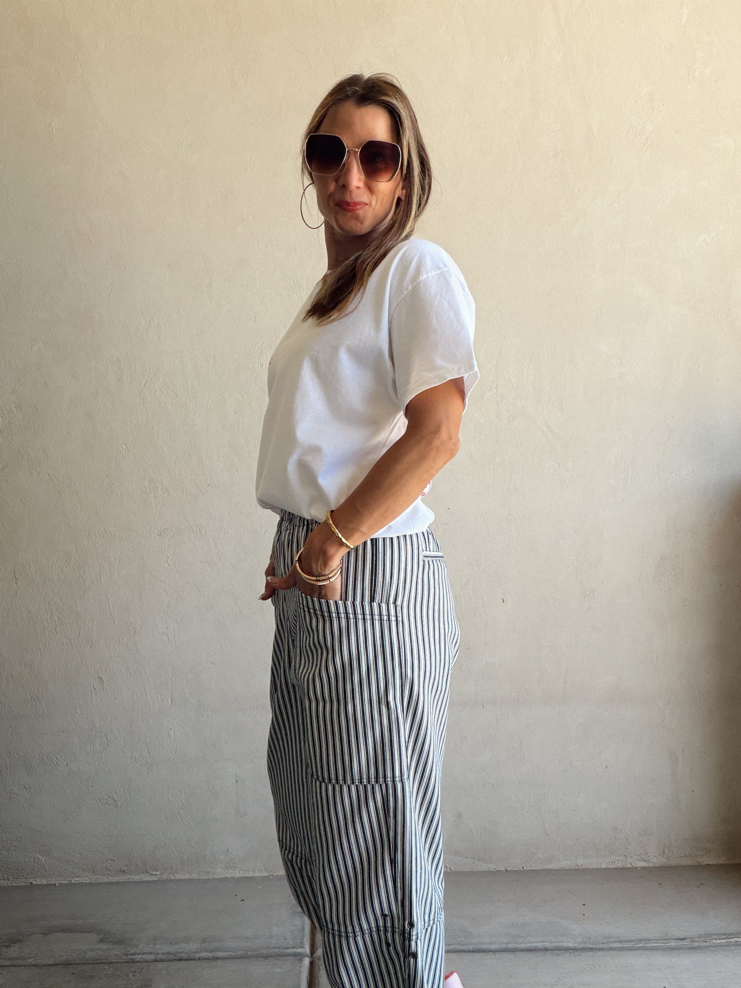 Sabrina Striped Barrel Pant in Navy