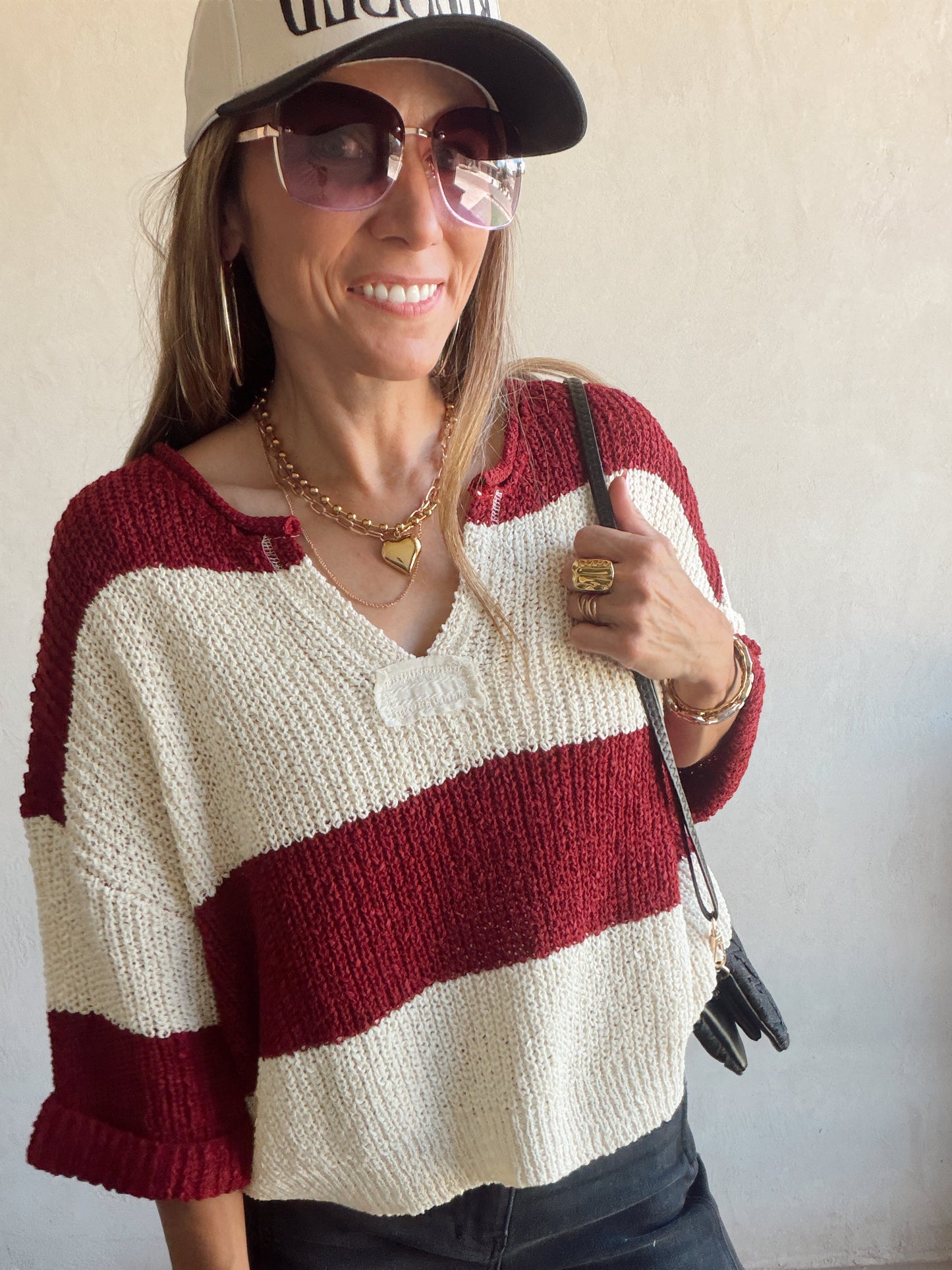 Christy V-Neck Top in Cabernet & Cream