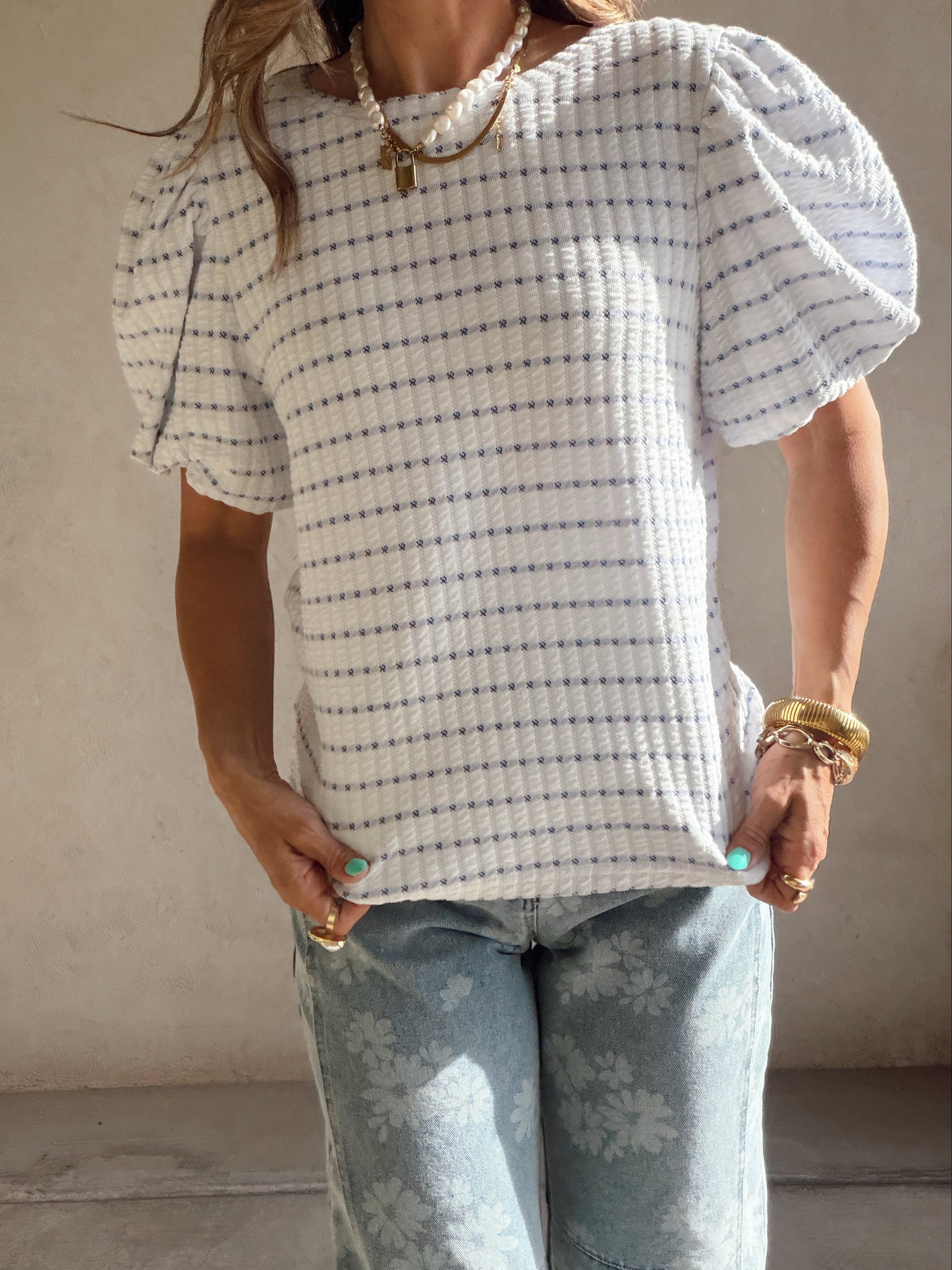 Annie Textured Puff Sleeve Top in Blue & White