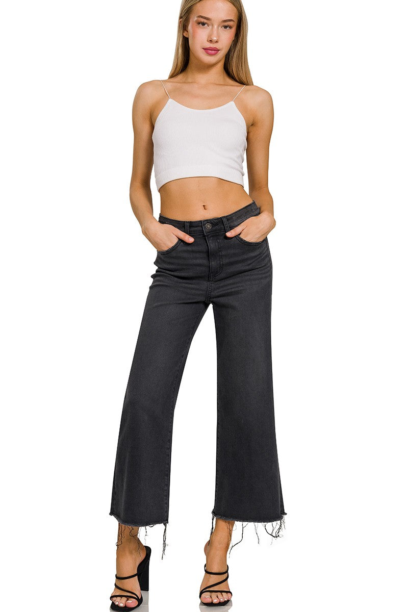 High Rise Black Cropped Jeans in Washed Black