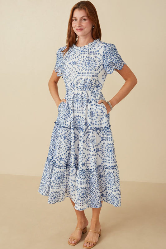 Eyelet Embroidered Dress in Blue, Beige & Red