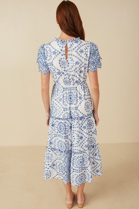 Eyelet Embroidered Dress in Blue, Beige & Red