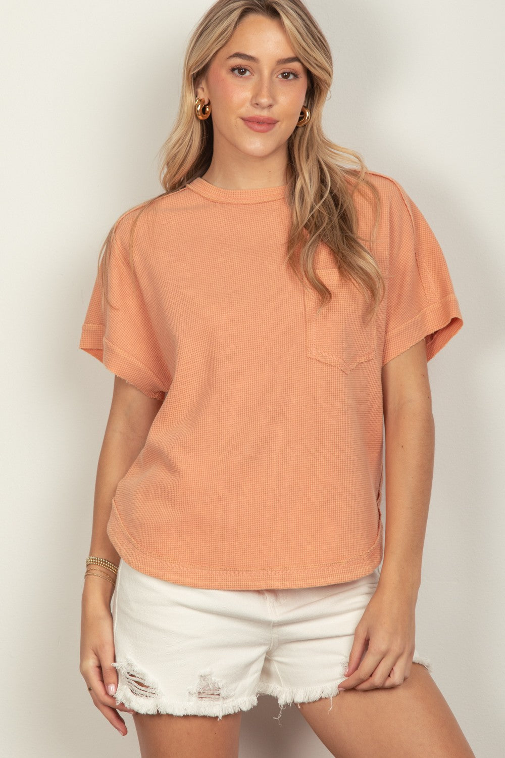 Waffle Knit Top in Coral