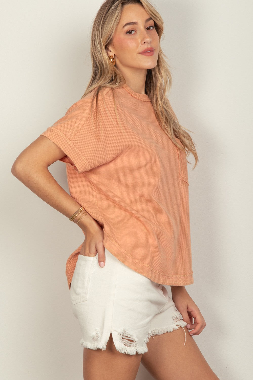 Waffle Knit Top in Coral