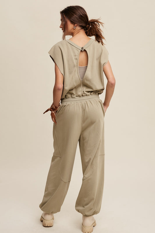 Athleisure French Terry Loose Jogger Jumpsuit in Sage