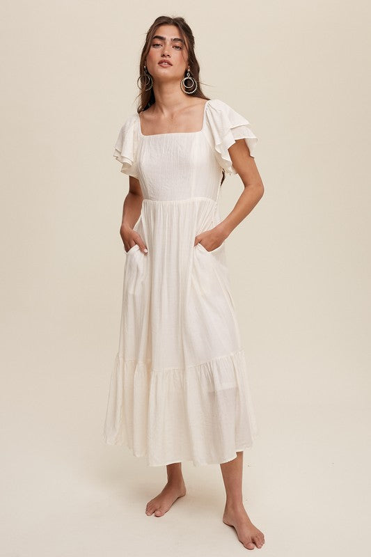 Square Neck Ruffled Short Sleeve Maxi Dress