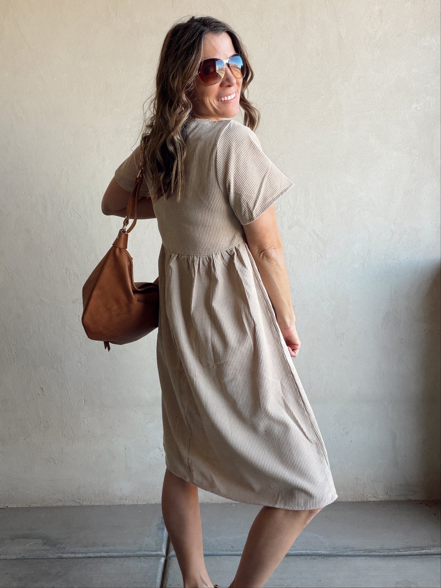 McKayla Corduroy Dress in Beige