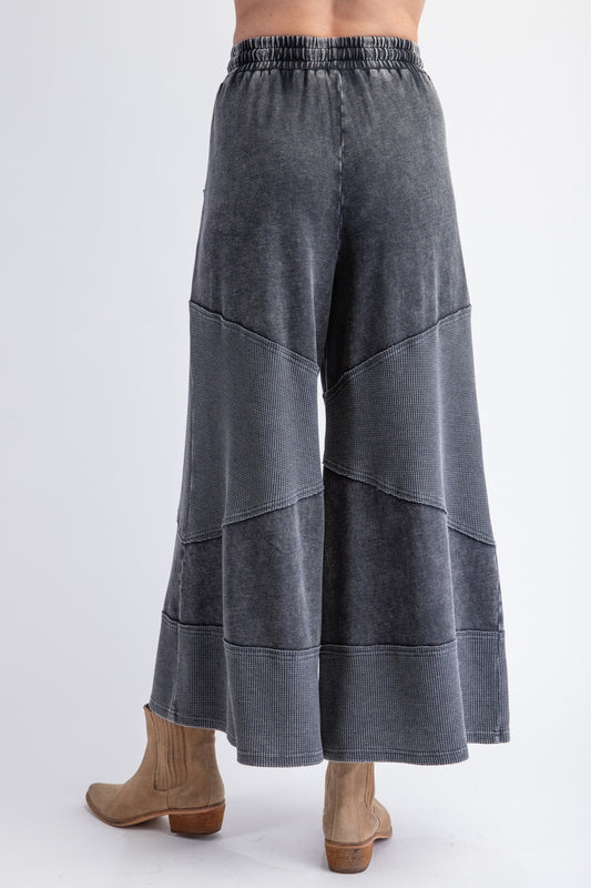 Wide Leg Two Tone Waffle Knit Palazzo Pants in Charcoal