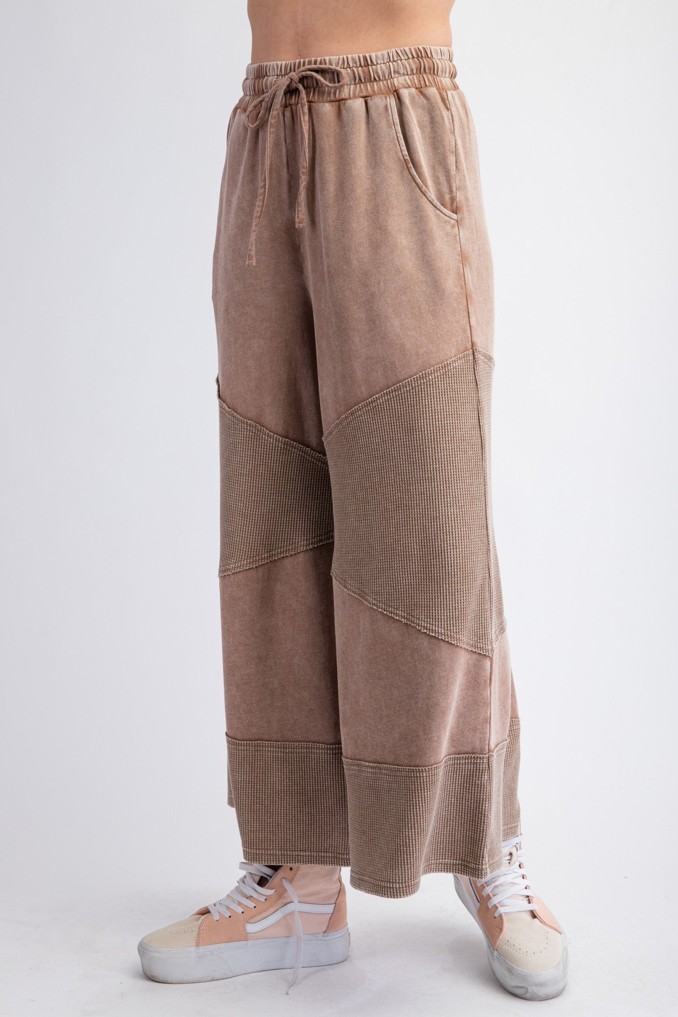 Wide Leg Two Tone Waffle Knit Palazzo Pants in Cocoa